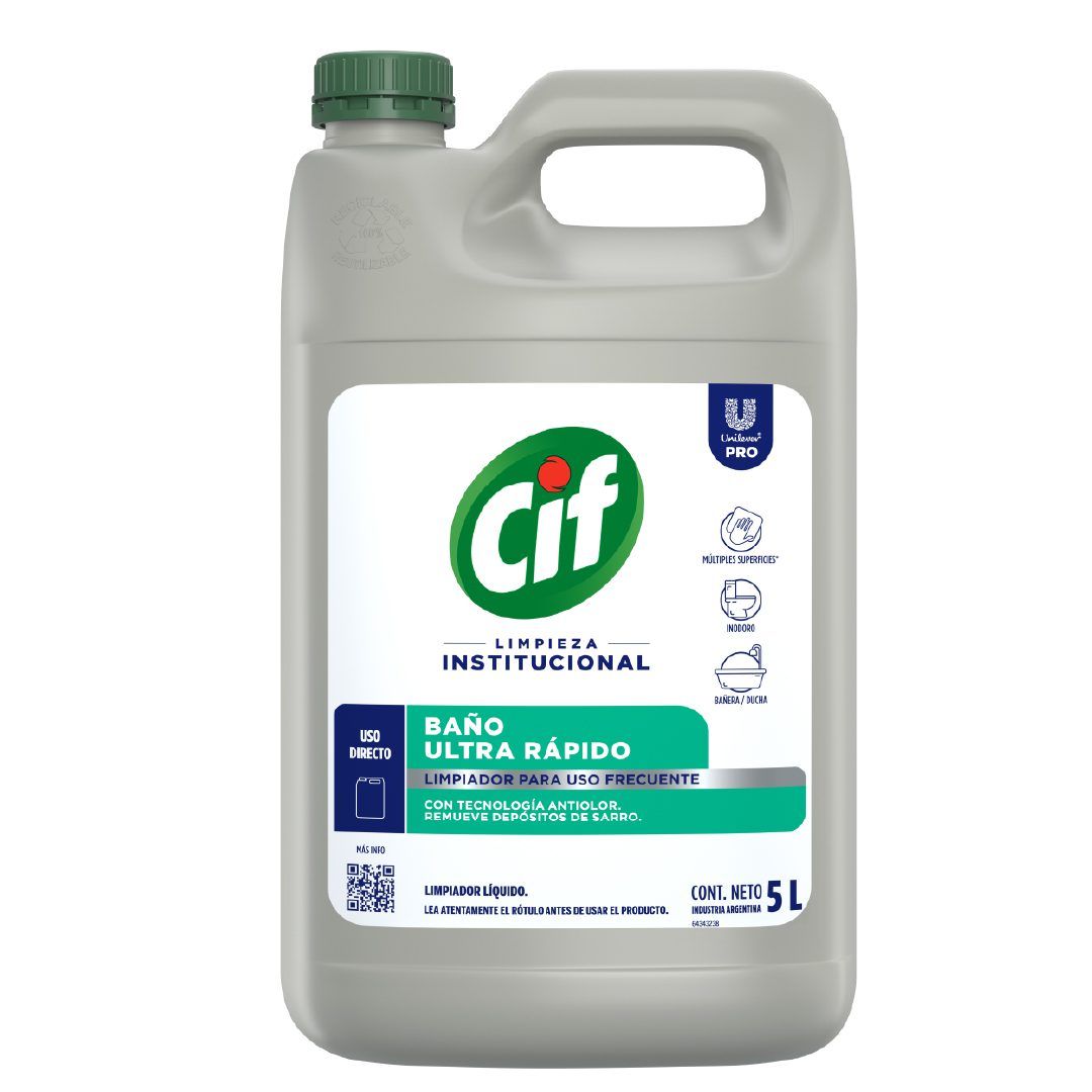 Limpiador de baño ultra rápido Cif en una garrafa gris de 5 litros con tapa verde.