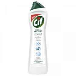 Botella de limpiador en crema Cif blanca con tapa verde y etiqueta rojo-verde sobre fondo blanco.