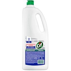 Botella de limpiador en crema Cif blanca con tapón verde y etiqueta azul, tamaño 2L.