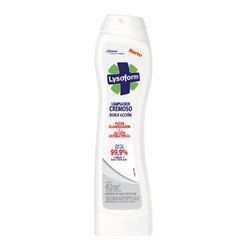 Botella blanca de limpiador de pisos Lysol con etiqueta verde sobre fondo liso.