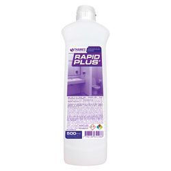 Botella blanca del producto de limpieza Thomas Rapid Plus con etiqueta y tapa moradas.
