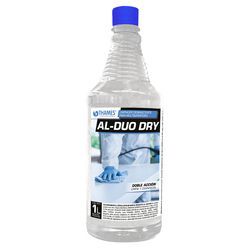 Botella transparente de limpiador de pisos AL-DUO DRY con tapa azul y etiqueta que muestra una mano enguantada trapeando.