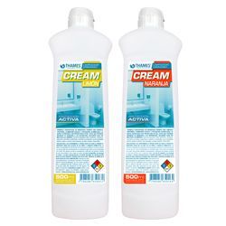 Dos botellas blancas de limpiador HTH Cream Activa, una etiquetada como marinan y la otra como naranja.