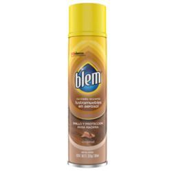 Lata de aerosol amarilla de quitamanchas Blem con etiqueta marrón sobre fondo blanco