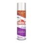 Lata de aerosol blanca y morada con etiqueta naranja, mostrada sobre un fondo liso.