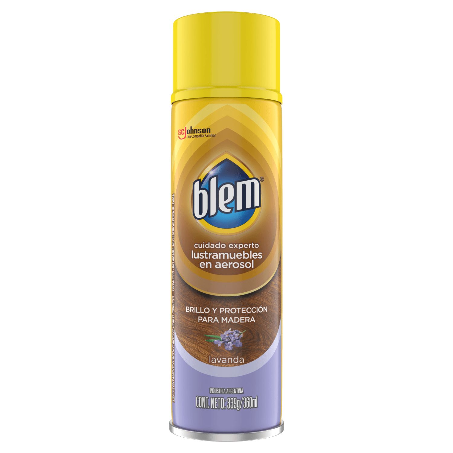 Lata de aerosol amarilla con defecto y etiqueta morada sobre fondo blanco.