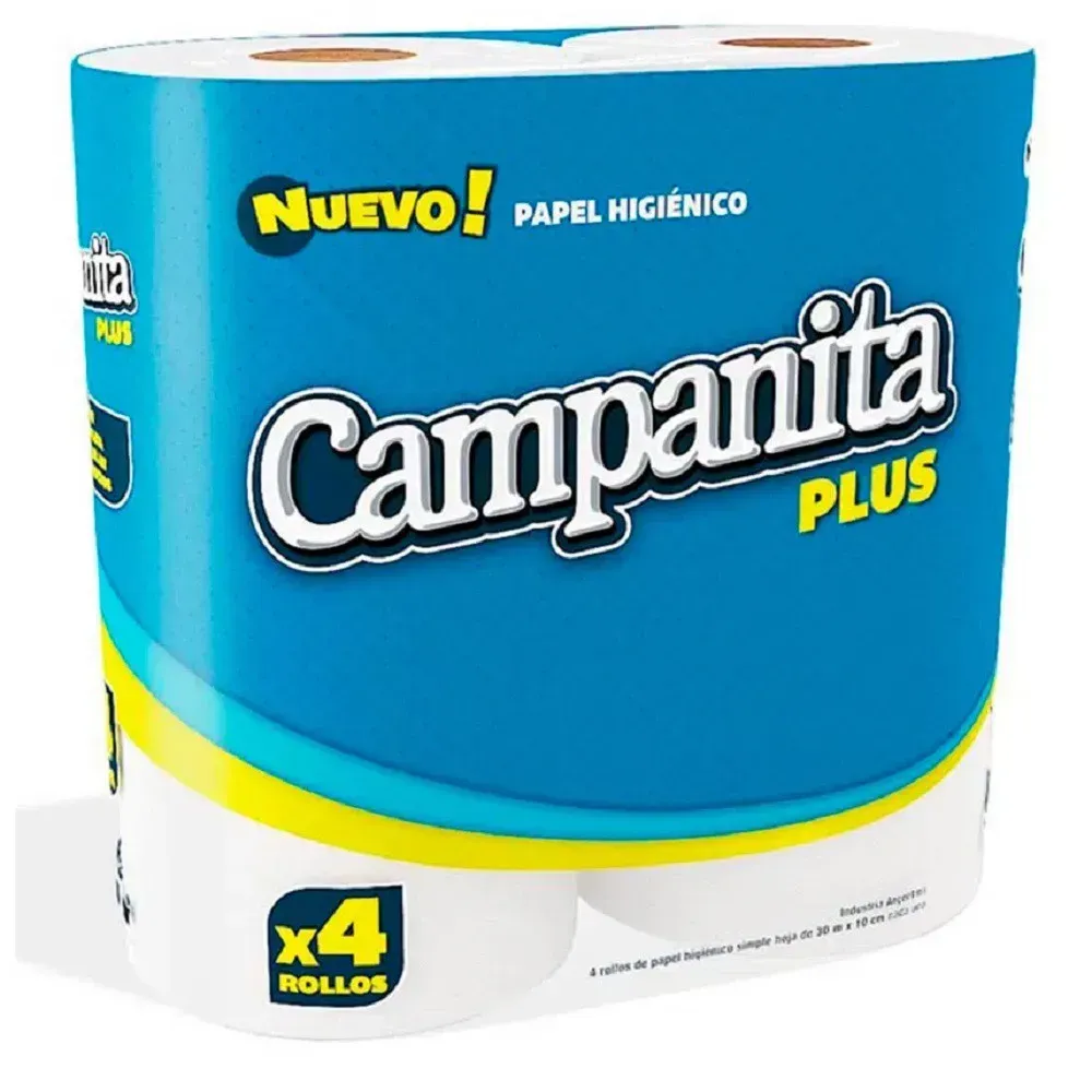 Paquete de papel higiénico Campanita Plus, azul y blanco, 4 rollos, con etiqueta amarilla “¡Nuevo!”.