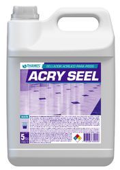 Botella de plástico blanco de sellador para pisos Acry Seal con etiqueta y asa moradas.