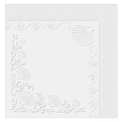 Tarjeta cuadrada decorativa blanca con relieve y bordes decorados con motivos de conchas marinas y flores.
