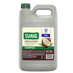 Botella gris de 5 litros para champú Suave con tapa verde y gráfico de coco.