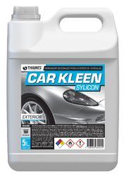 Bidón blanco de 5 litros de limpiador de coches con la etiqueta “CAR KLEEN SYLICON” y gráficos de coches e iconos de peligro.