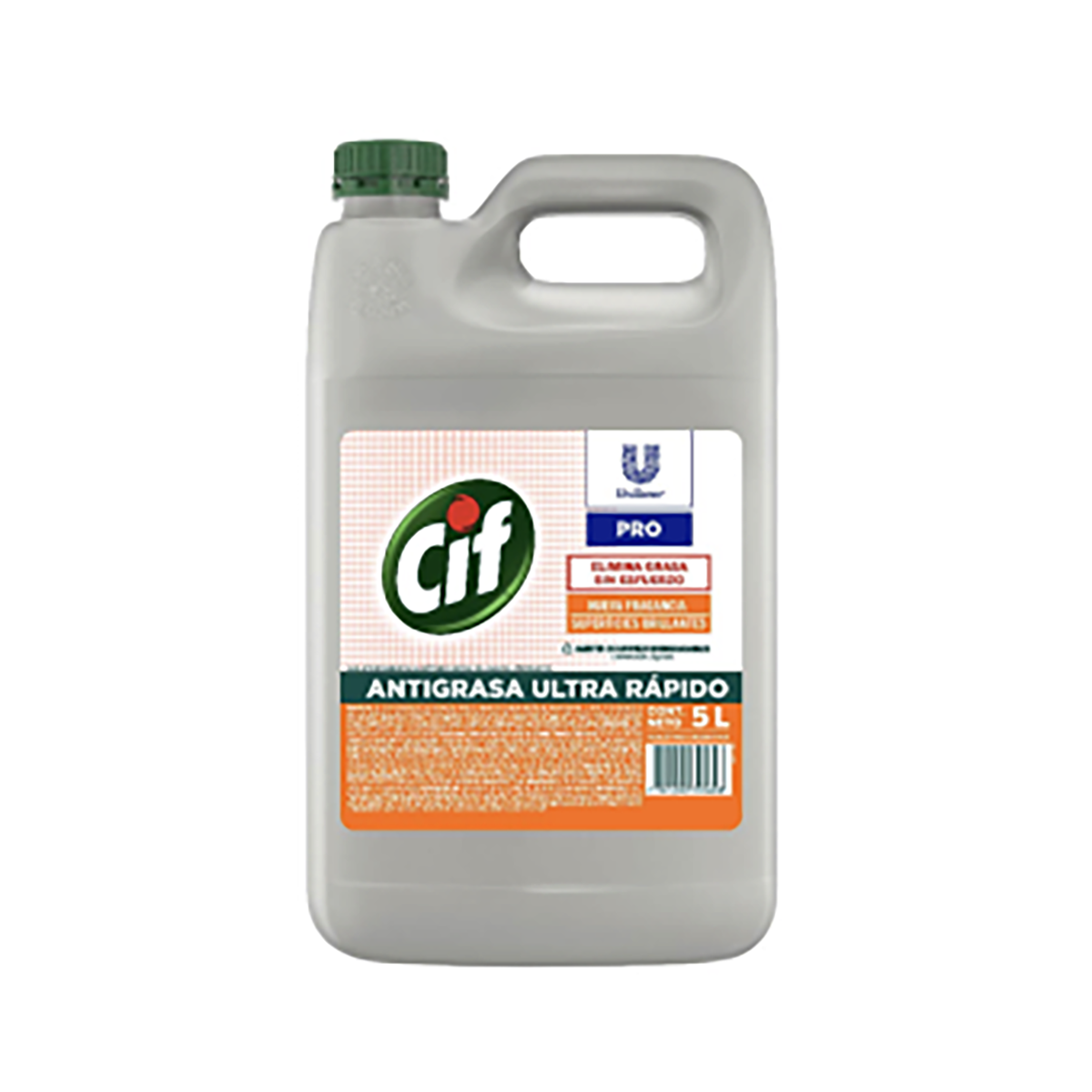 Garrafa de 5 litros de desengrasante ultrarrápido Cif con tapón y asa verdes sobre fondo blanco.