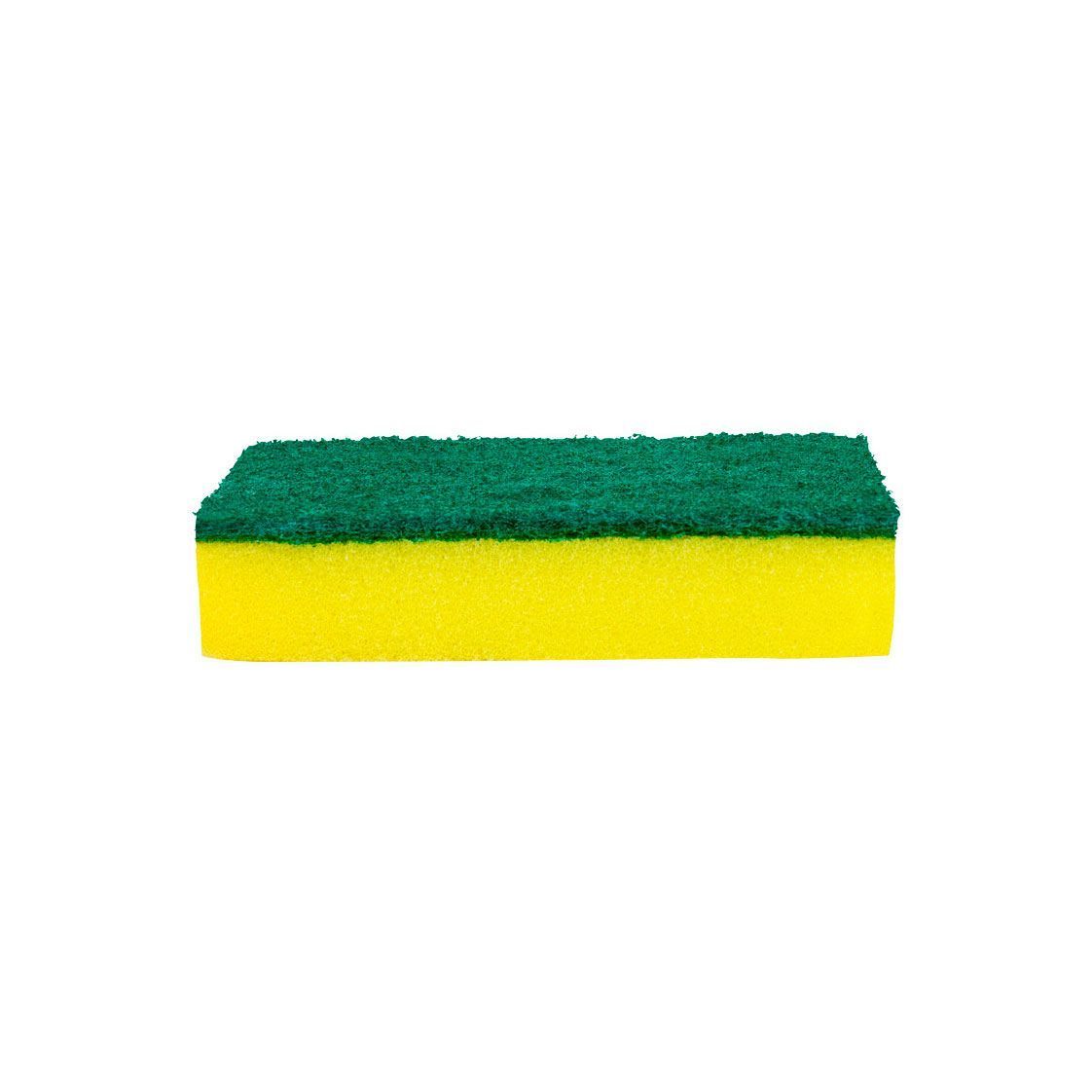 Esponja de cocina verde y amarilla sobre fondo blanco
