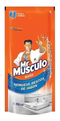 Envase naranja del producto de limpieza Mr. Músculo con un hombre saludando y el texto “Remueve restos de jabón”