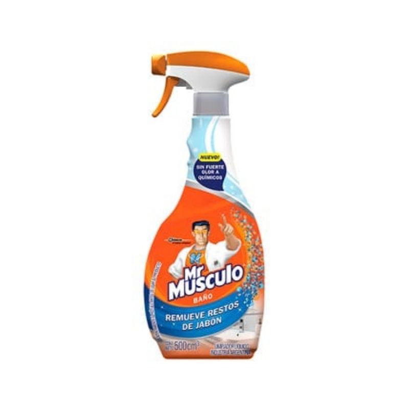 Mr. Músculo orange spray cleaner bottle with trigger nozzle, labeled “Remueve residuos de jabón”