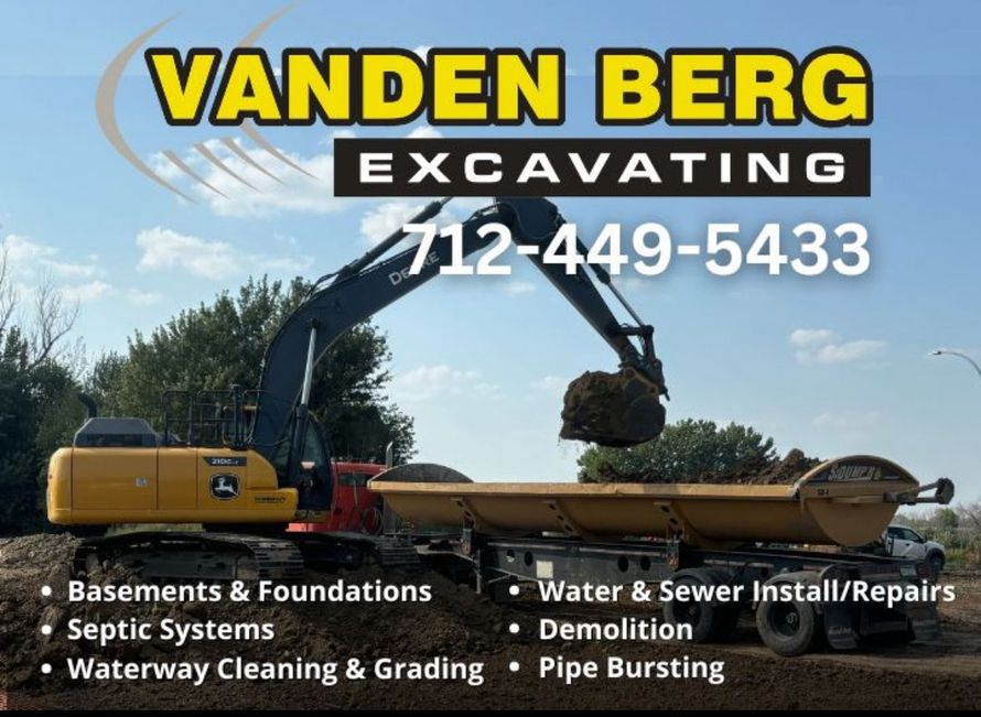 Vanden Berg Excavating ad with excavator, phone number, and services listed over a worksite scene