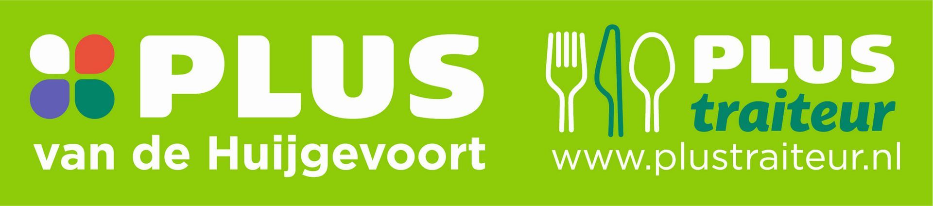 Logo voor PLUS Traiteur van de Huijgevoort, met vork, mes en lepel. Groene achtergrond.