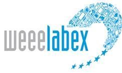 "Weeelabex-logo met grijze en blauwe tekst, een wervelend ontwerp van elektronische componenten en blauwe sterren."