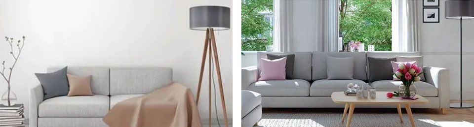 Ein Wohnzimmer mit einer Couch und einer Lampe neben einem Fenster.