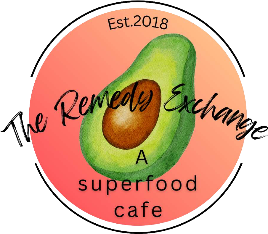 The Remedy Exchange superfood cafe logo with avocado illustration and Est. 2018 text