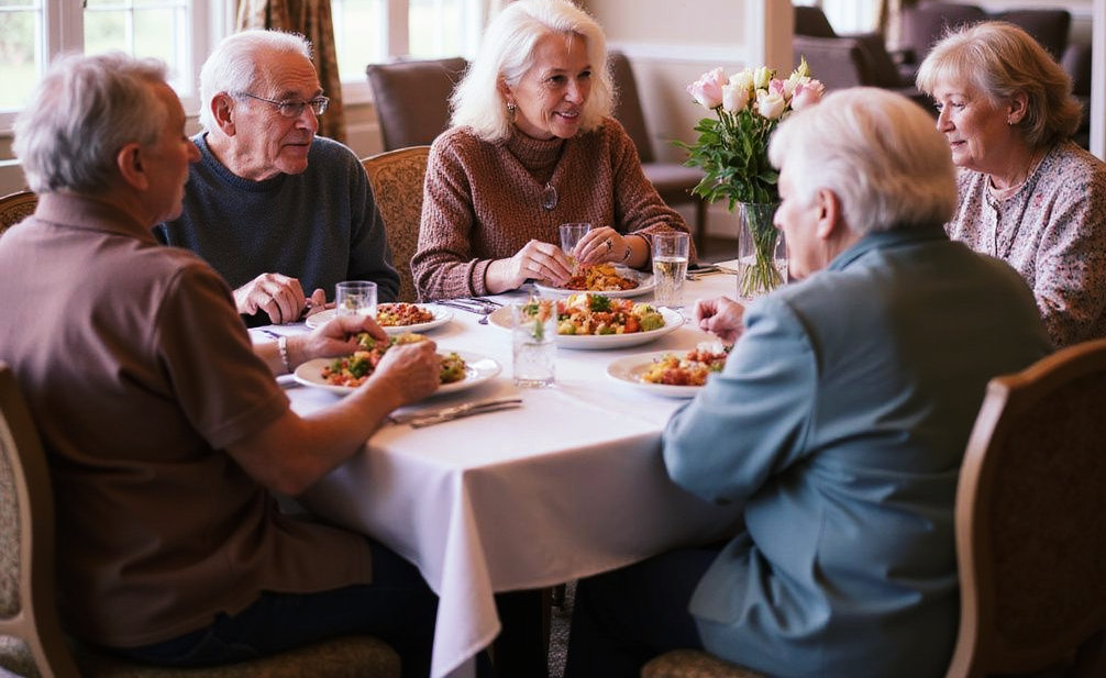 Group of older adults eating at a table, smiling and conversing. A vase of flowers sits in the center.