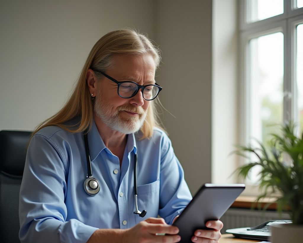 Doctor with stethoscope reviews tablet in office.
