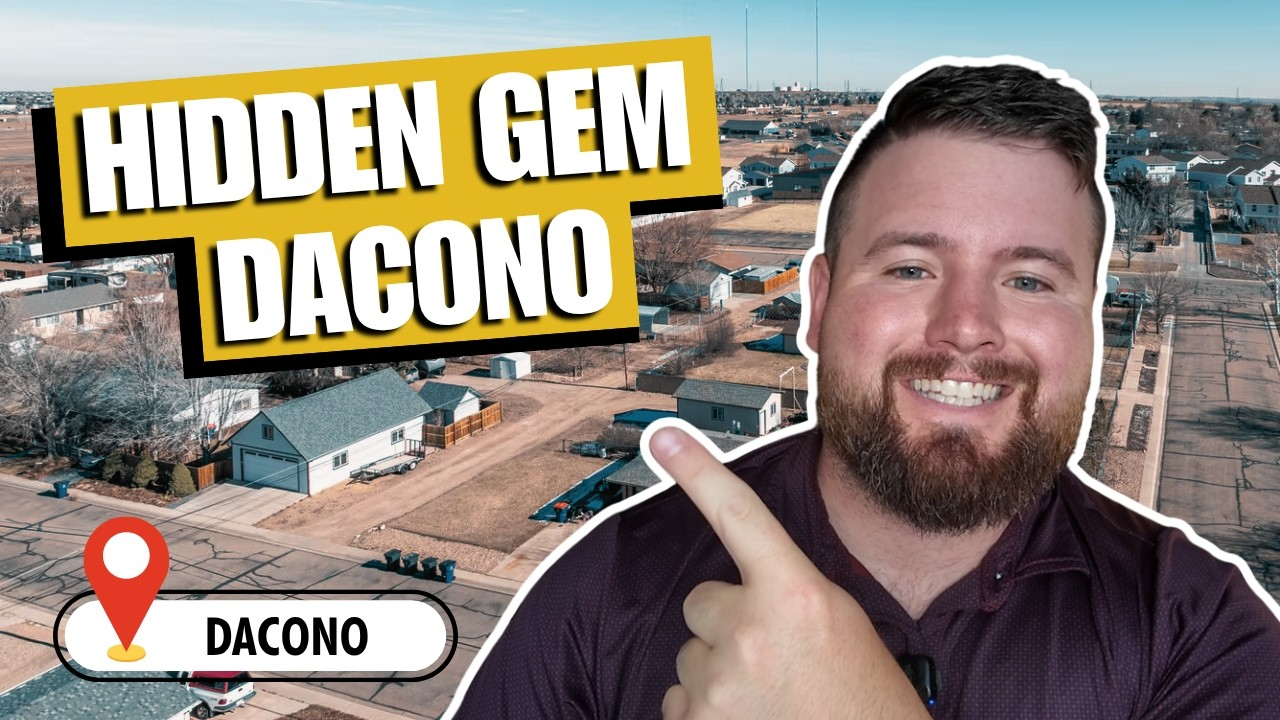 Man pointing at bold text “HIDDEN GEM DACONO” over a construction site aerial view with a Dacono map pin