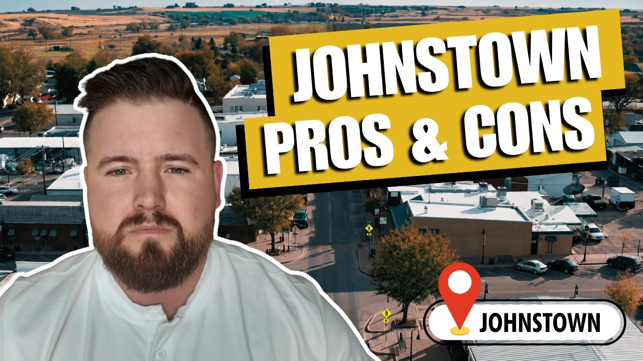Bearded man before aerial Johnstown skyline with bold text “JOHNSTOWN PROS & CONS” and location pin.
