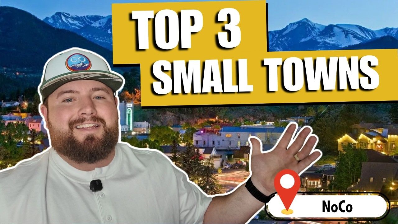 Man smiling in white shirt and cap beside text “TOP 3 SMALL TOWNS” over a sunset townscape, NoCo pin