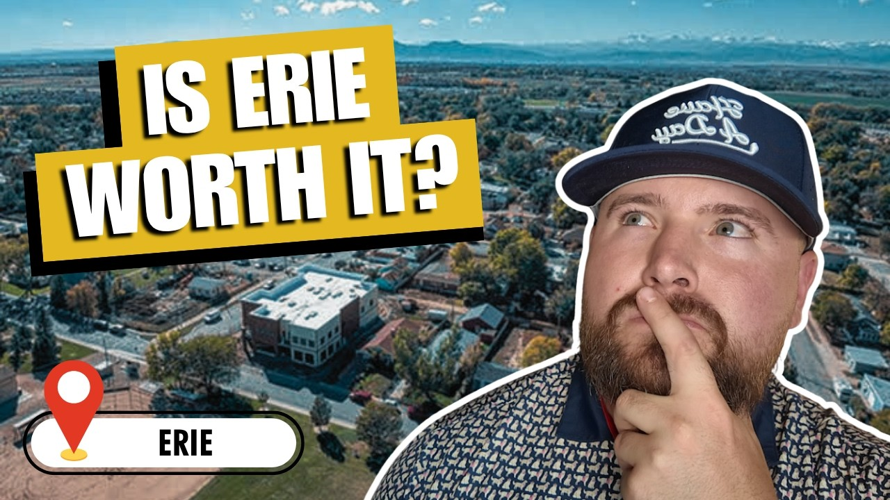 “Is Erie Worth It?” title over aerial Erie cityscape with a man in a cap thinking, and an Erie location label.