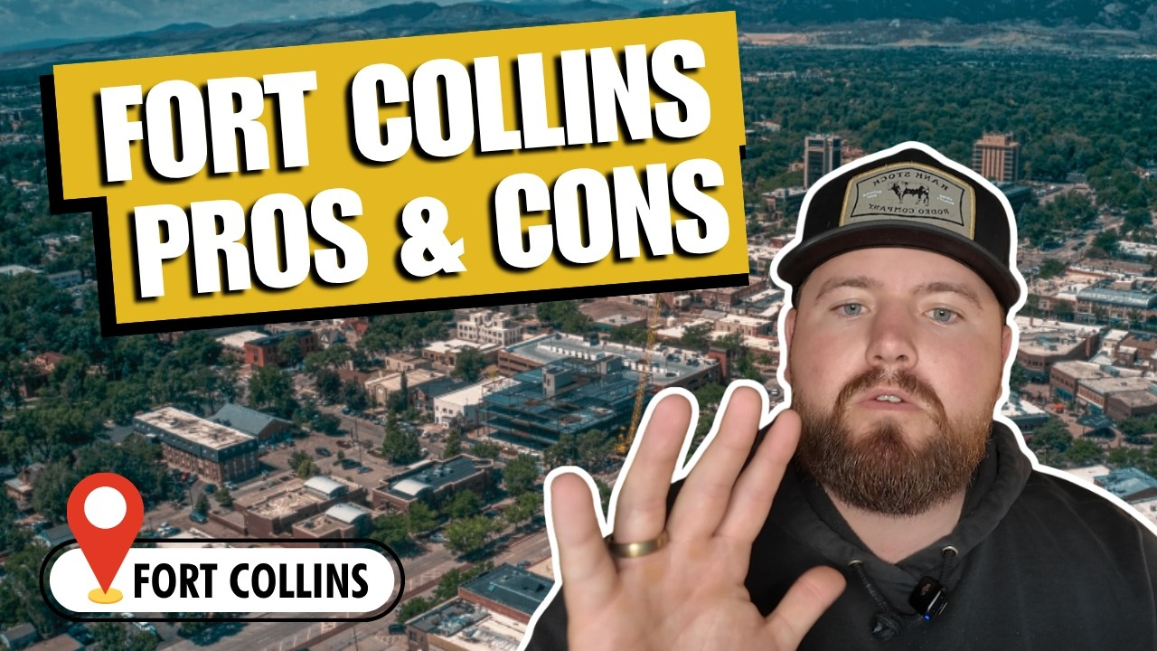 Fort Collins pros and cons thumbnail with aerial city view and a bearded man in a cap