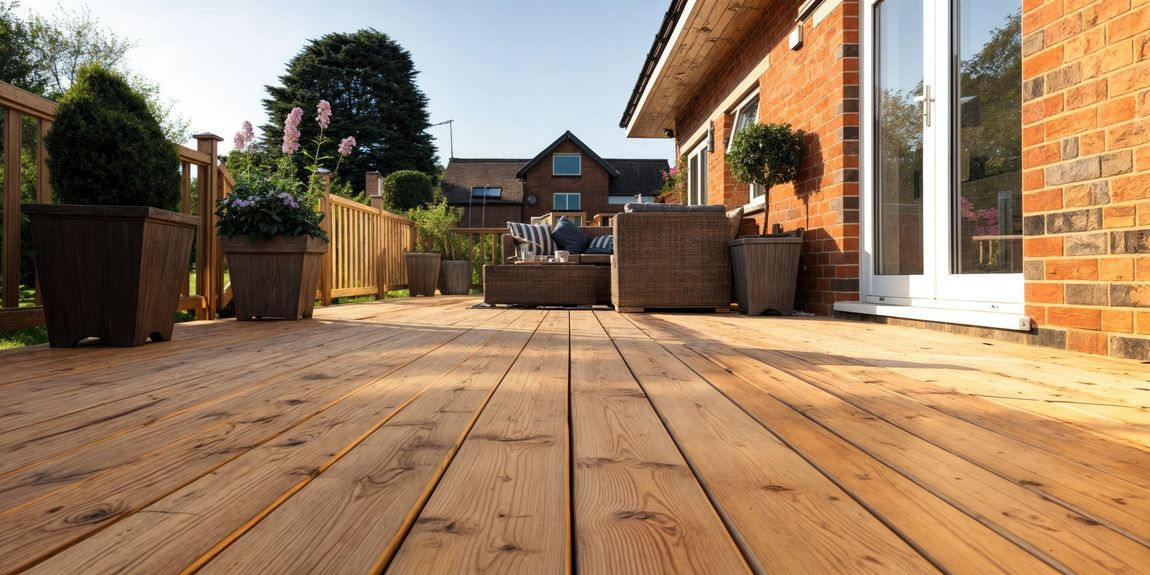 Wooden patio deck leading to a backyard with planters, a house, and trees in the distance