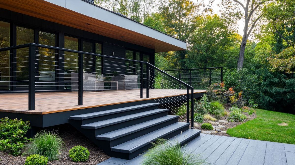 Modern house deck with black railing, steps, and landscaped garden beside a wooded yard