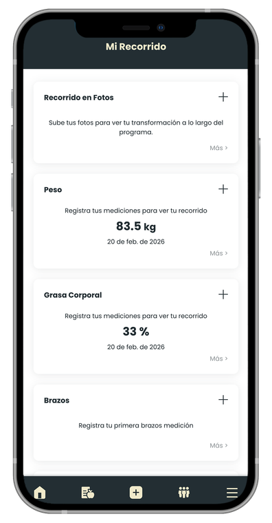 Smartphone screen showing health app with body metrics: weight (88.6 kg), body fat (33%).ACTIVADN Entrenamiento y Nutrición personalizados