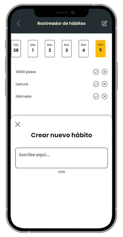 Smartphone screen: habit tracker with new habit creation prompt. ACTIVADN Entrenamiento y Nutrición personalizados
