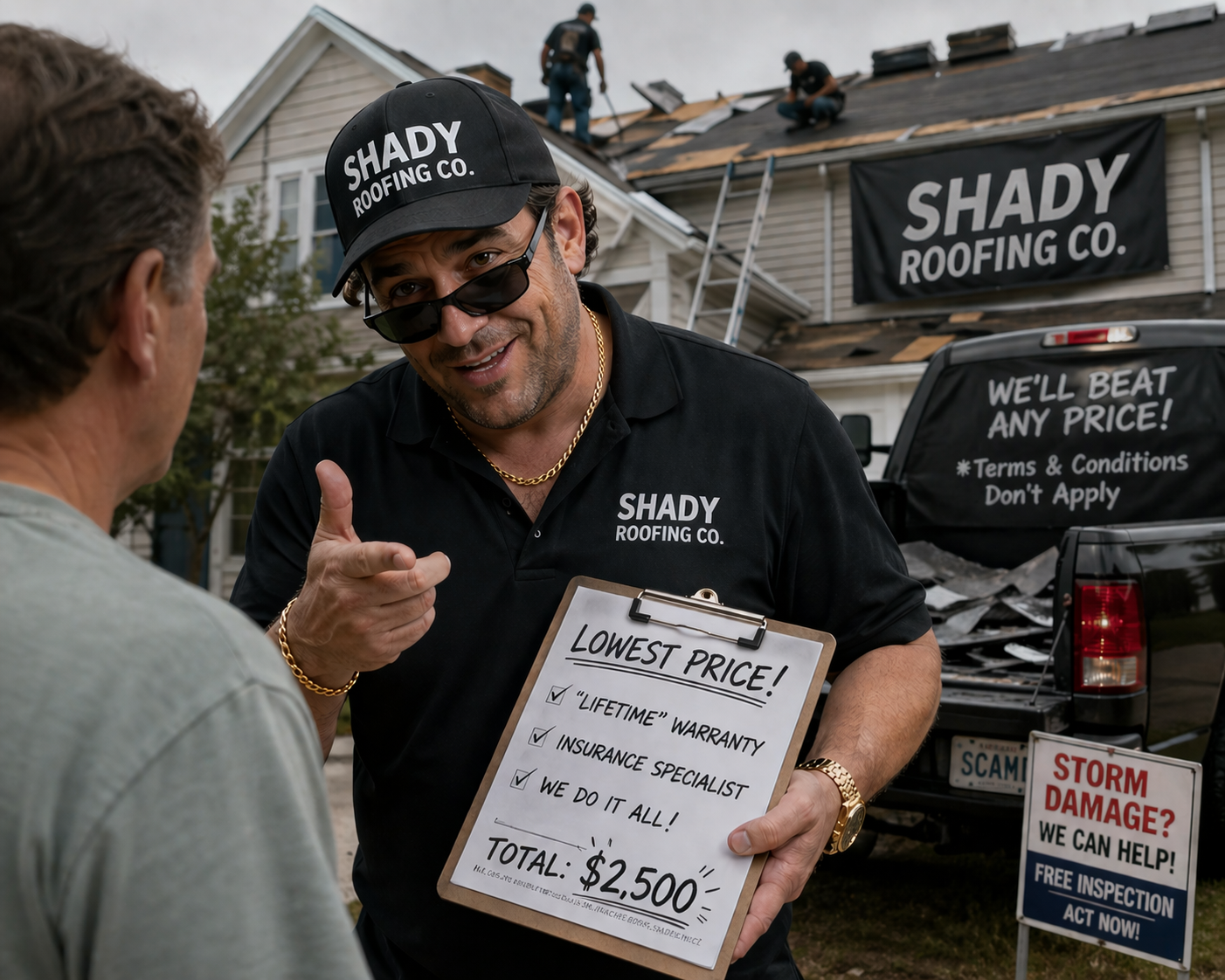 Illustration of a shady roofing salesman pitching a homeowner a too-good-to-be-true price