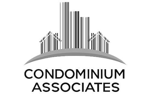 Logo: stylized buildings with barcode-like lines, over a gray curved shape. Text: