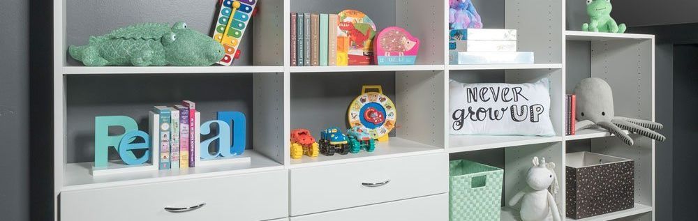 A white bookshelf with lots of books and toys on it.
