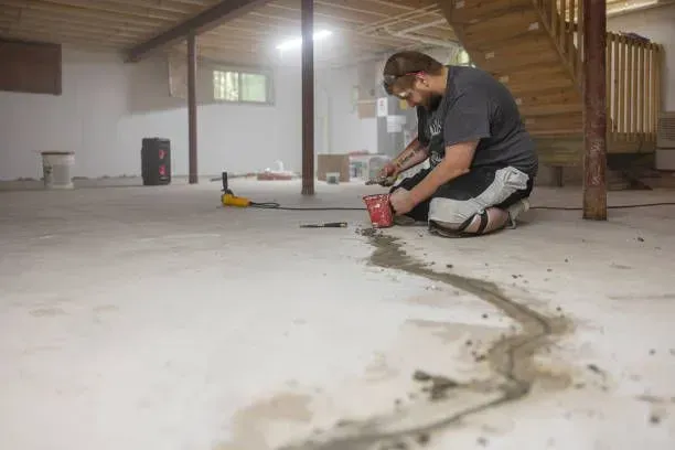 Worker repairing concrete floor crack