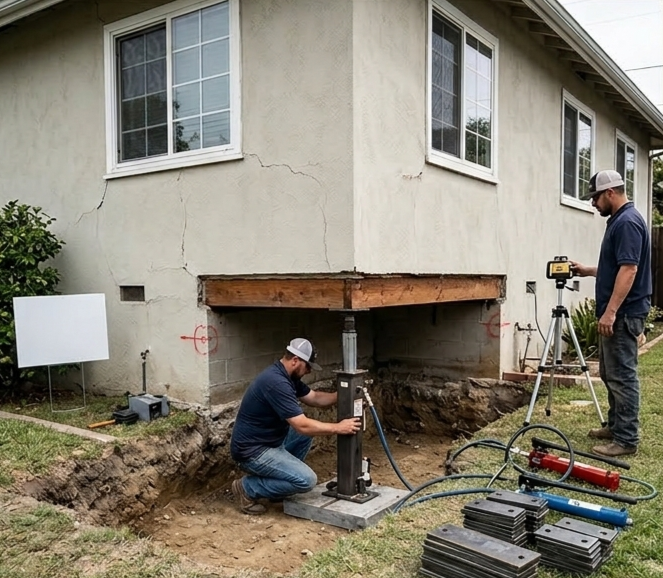 Workers repairing house foundation crack.