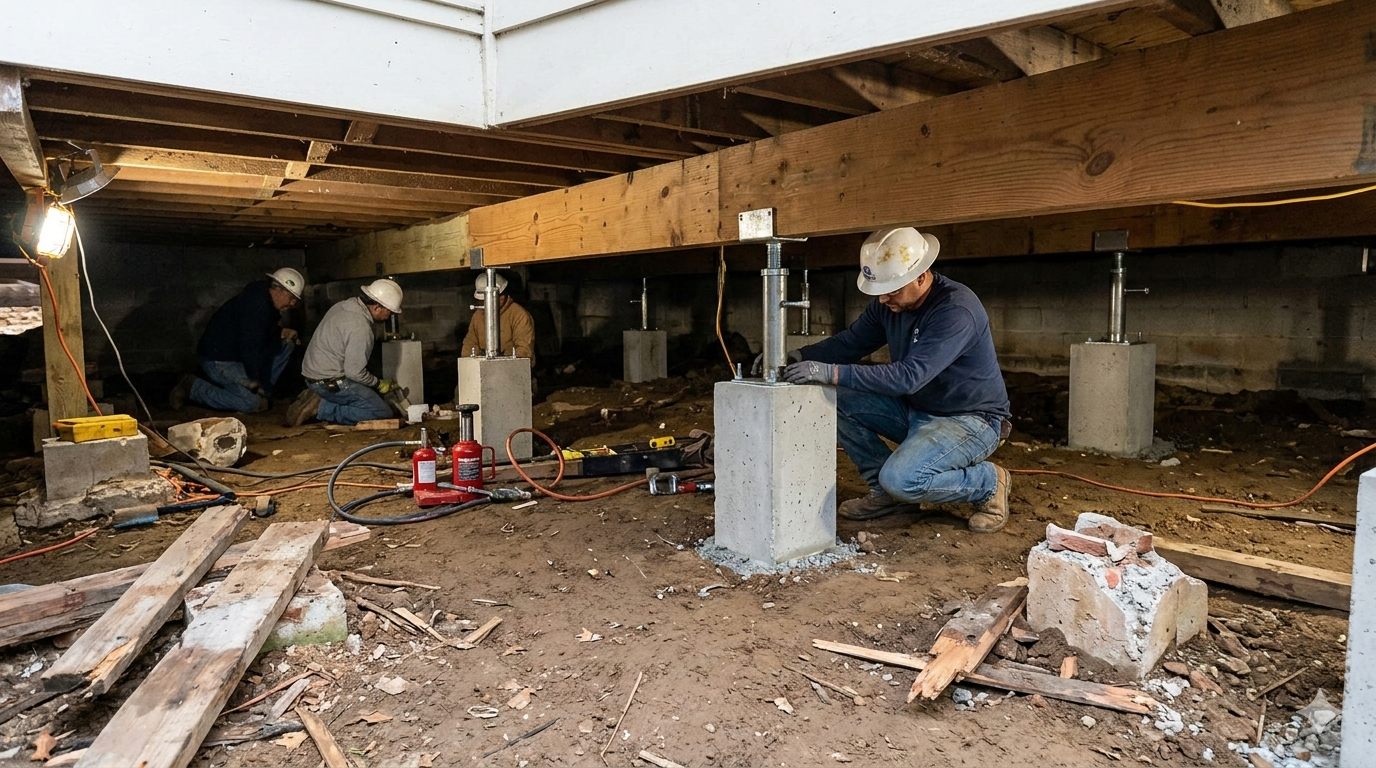 Workers installing crawl space jacks.