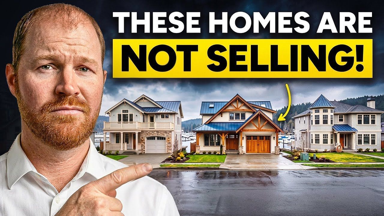 Real estate thumbnail: man pointing at suburban houses with bold text, “THESE HOMES ARE NOT SELLING!”