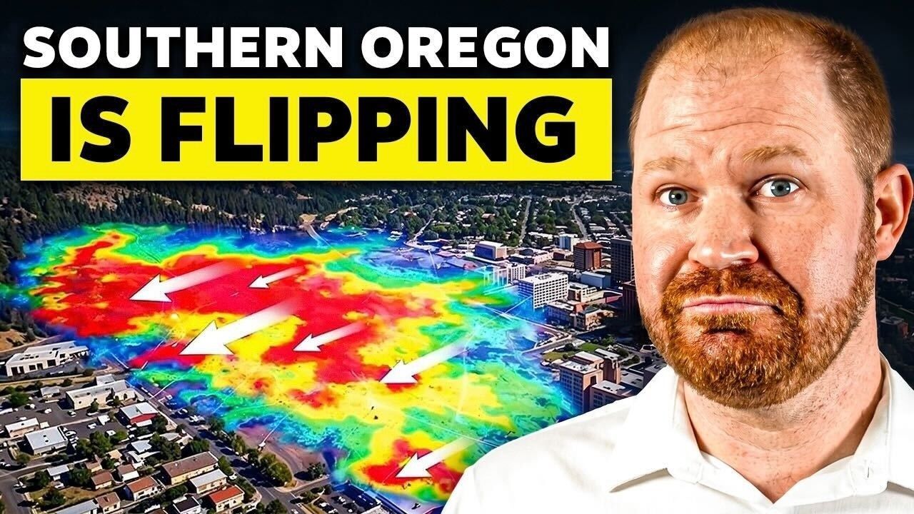 “Southern Oregon is Flipping” text over a colorful heat map and a man’s portrait on the right.
