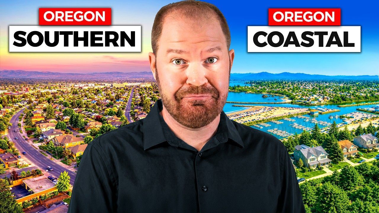 Man centered over split view of Oregon Southern and Oregon Coastal landscapes with bold labels.