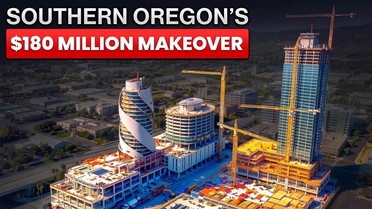 Construction site with high-rise buildings and text “Southern Oregon’s $180 million makeover”