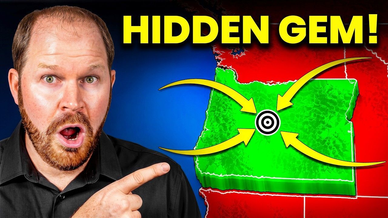A man with a surprised expression points at a map highlighting a region in Southern Oregon.
