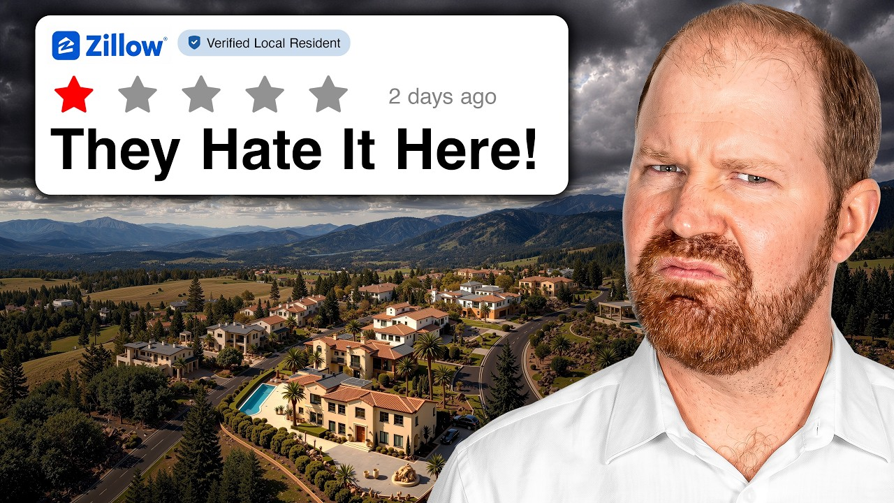 Zillow review graphic with one red star and text “They Hate It Here!” beside a man over a hillside neighborhood.