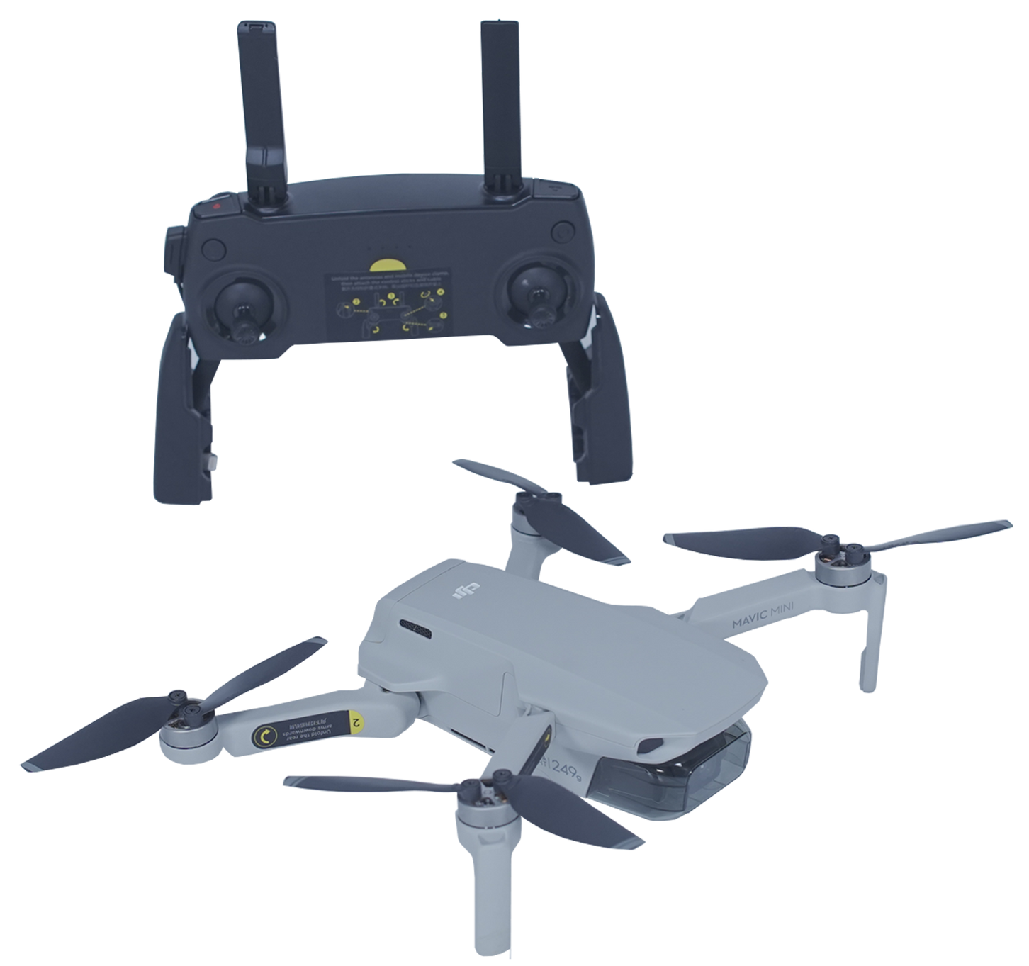 Un pequeño dron con un control remoto acoplado a él.