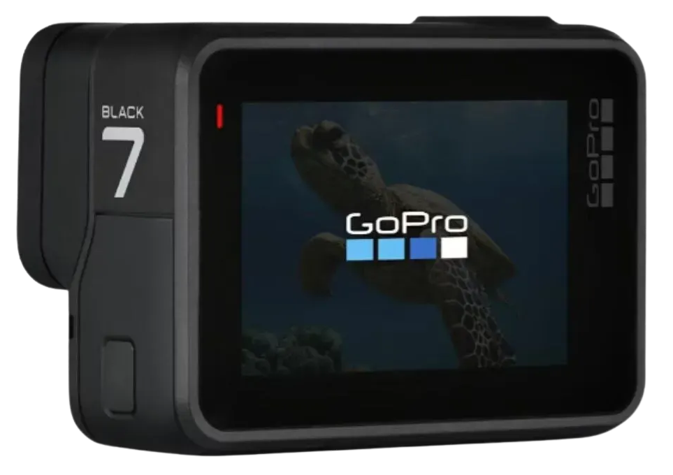 Una cámara de acción GoPro Hero 7 Black con una tortuga en la pantalla.