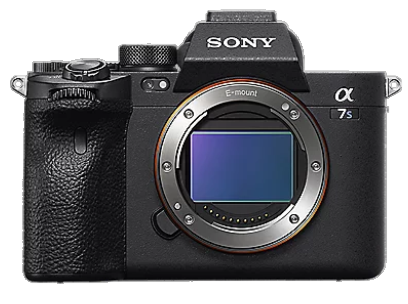 Una cámara Sony está colocada sobre una superficie blanca.